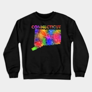 Colorful mandala art map of Connecticut with text in multicolor pattern Crewneck Sweatshirt